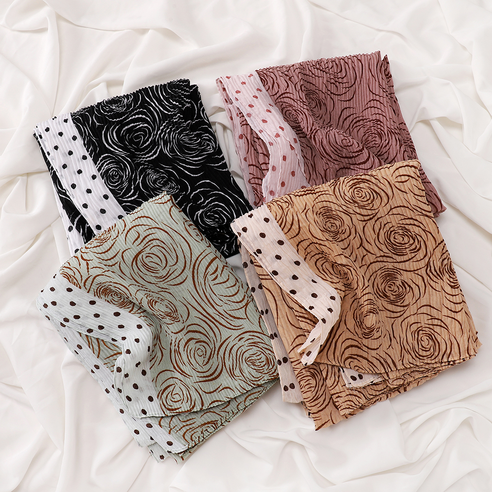 Écharpe à bordure à pois en mousseline froissée à imprimé rose, hijab châle de style turc, doux et léger, foulard pour femmes musulmanes.