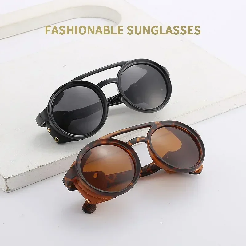 Lunettes de soleil rétro pour hommes et femmes, lunettes rondes en cuir, lunettes vintage anti-vent, lunettes de soleil de sport en plein air, UV400