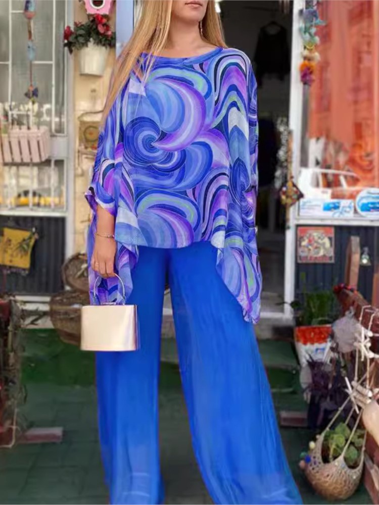 Femmes mode imprimé ensembles décontracté ample O cou hauts et taille haute jambe large pantalons longs deux pièces ensembles dame été femmes vêtements