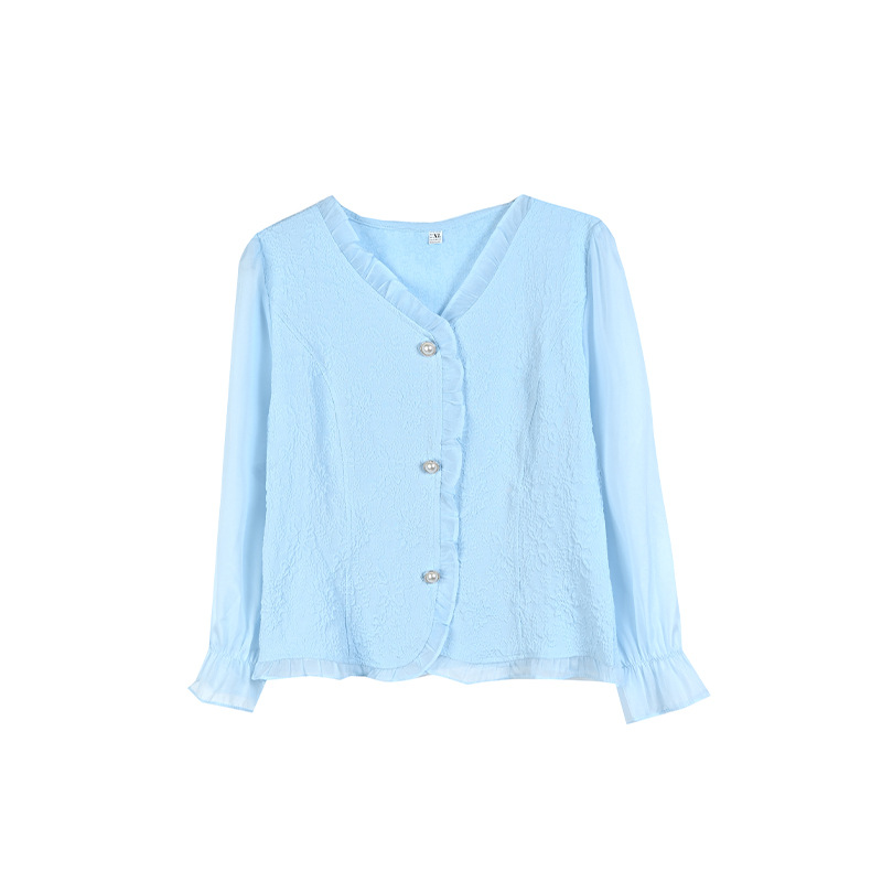 Chemise de printemps et d'automne pour femmes, haut à manches longues et col en v, coupe ajustée et tendance, couleur unie, DF4615