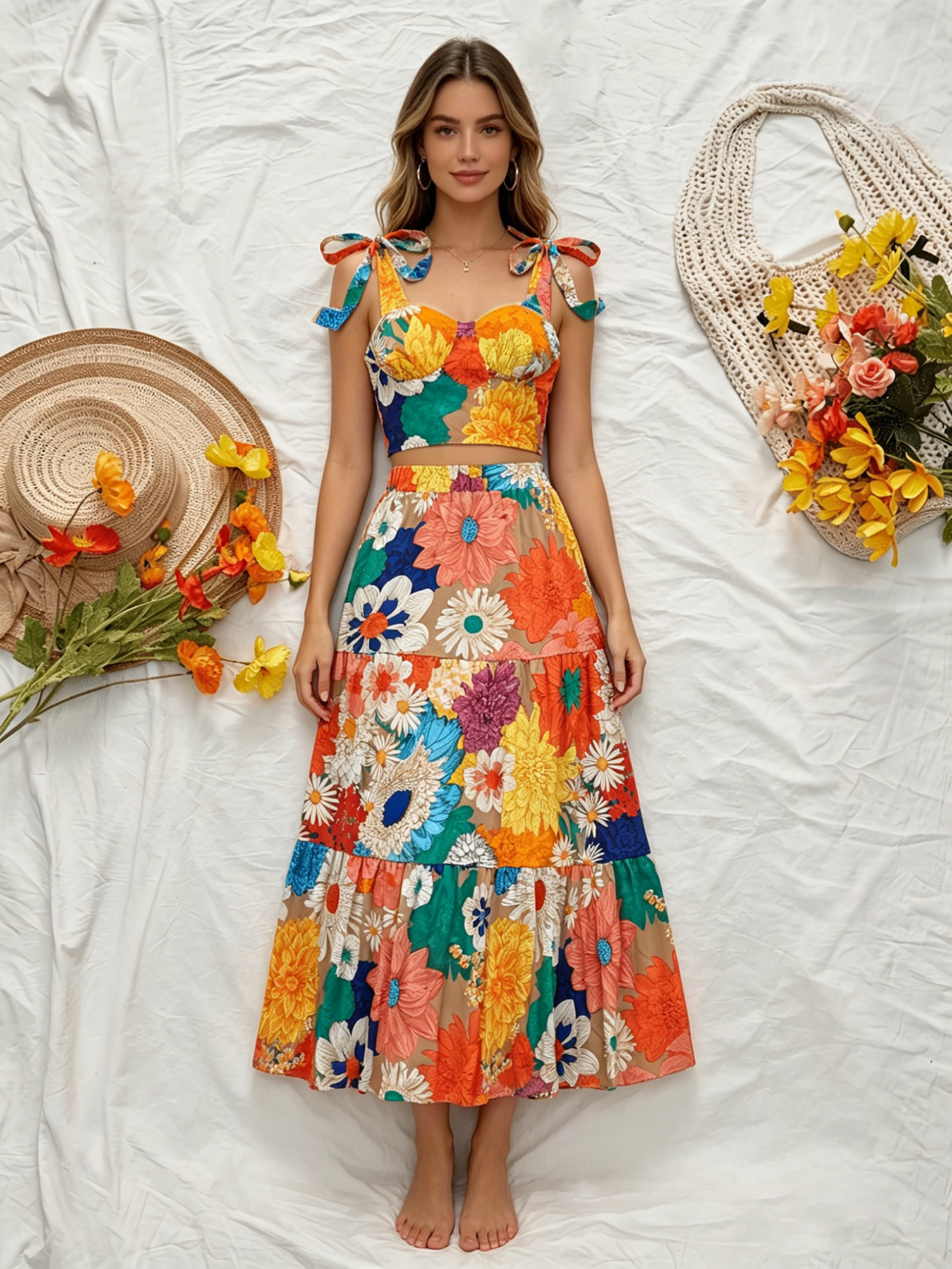 Ensemble 2 pièces pour femme à imprimé floral vibrant, avec haut court à nœud sur l'épaule et jupe longue à volants, idéal pour les vacances à la plage et les soirées estivales