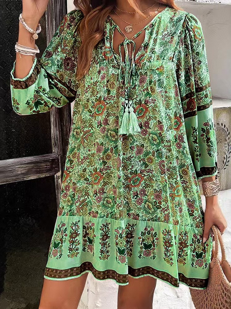 Robe ample imprimée décontractée pour femmes, mode manches longues, col en V, à lacets, Vintage, pull, style Boho, vêtements de vacances pour femmes