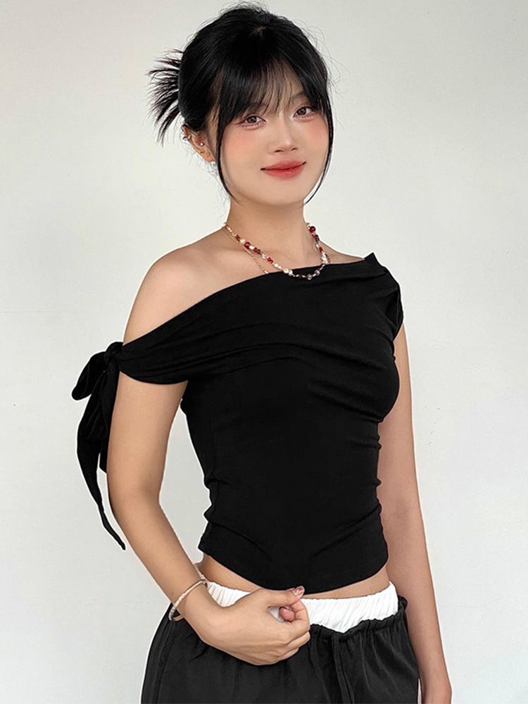 2025 femmes été Ins Style nouveau rétractable plissé une épaule haut court dos nu torsion cravate asymétrique T-Shirt haut décontracté