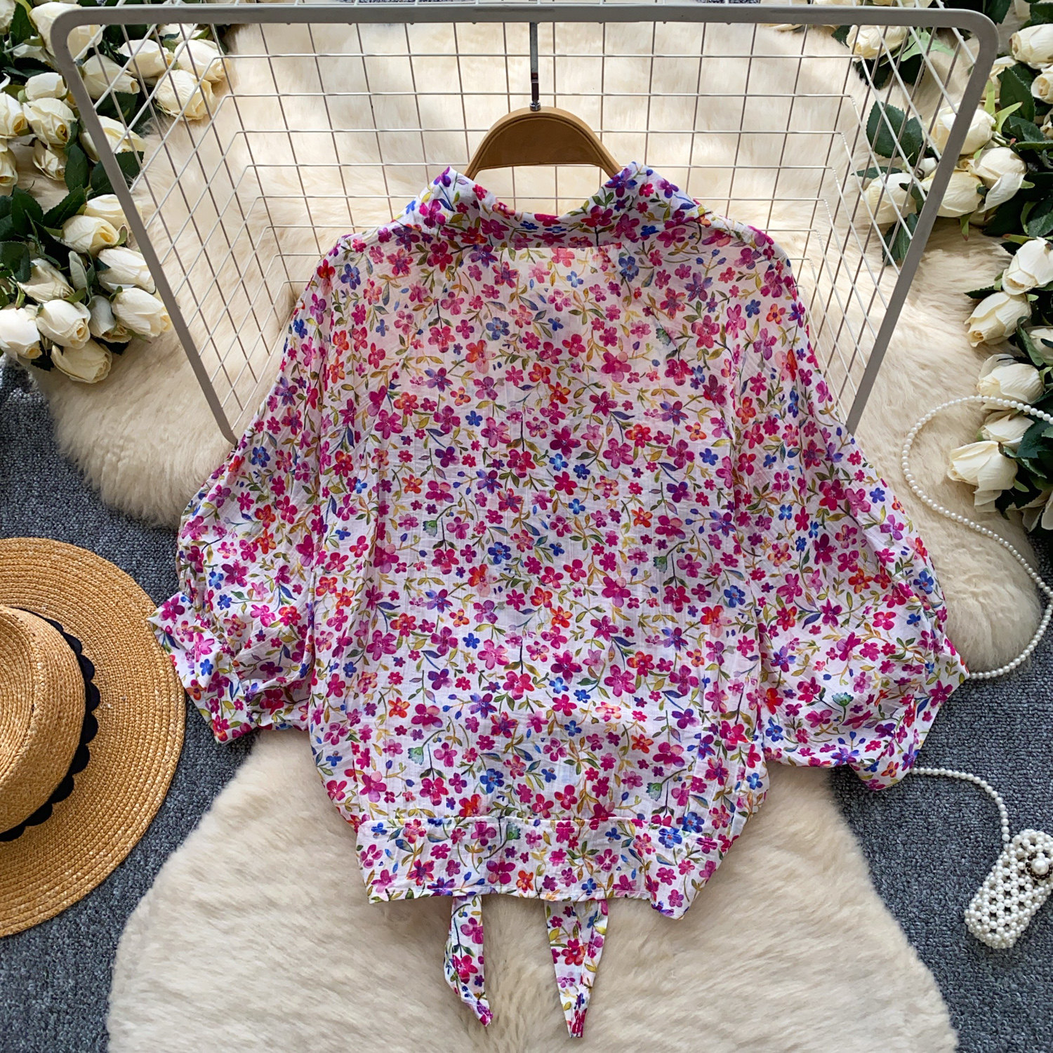 Chemisier coréen pour femmes, imprimé floral, à nouer sur le devant, manches bouffantes, haut peplum, coupe ample, chemise d'été légère, haut féminin BL452