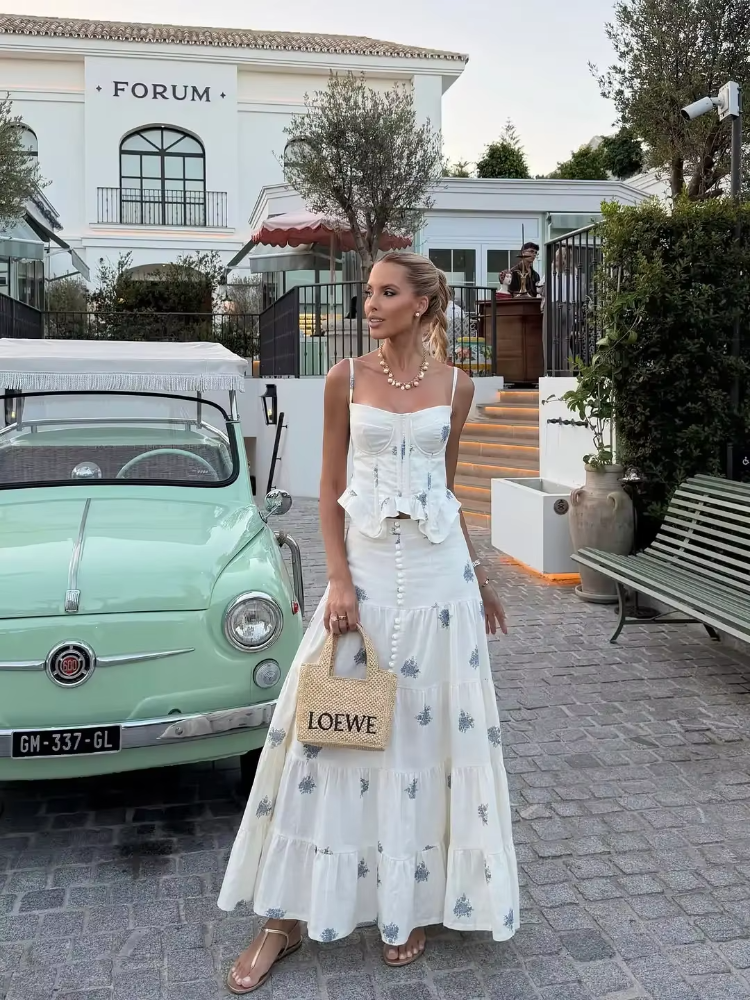 Ensemble 2 pièces pour femme, imprimé floral bleu, haut corset camisole, jupe longue à volants, robe d'été à bretelles, style bohème, pour les vacances à la plage