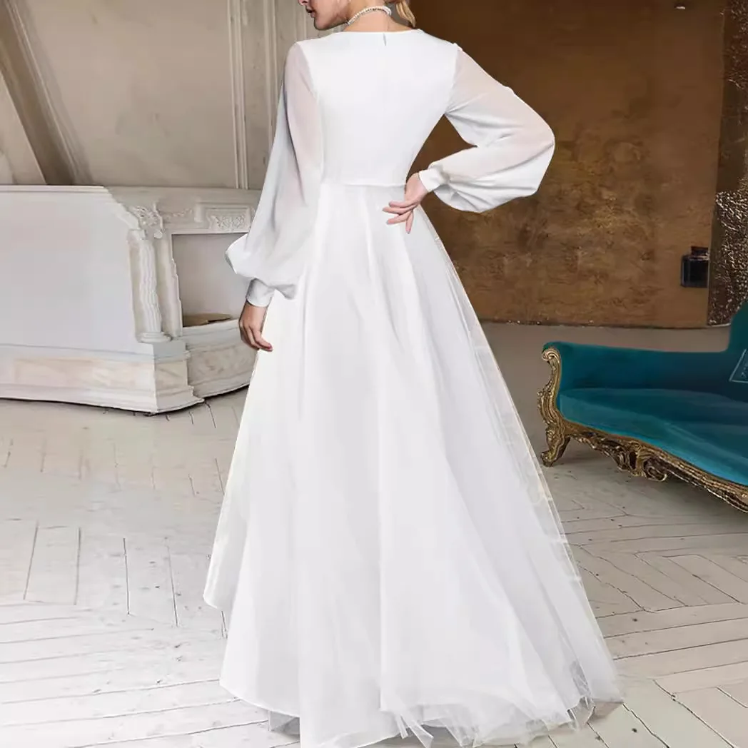 Robe en mousseline de soie pour femmes, manches ballon, Silhouette, ourlet haut et bas, col en v, maille blanche élégante, coupe cintrée, fête de mariage, vacances, plage