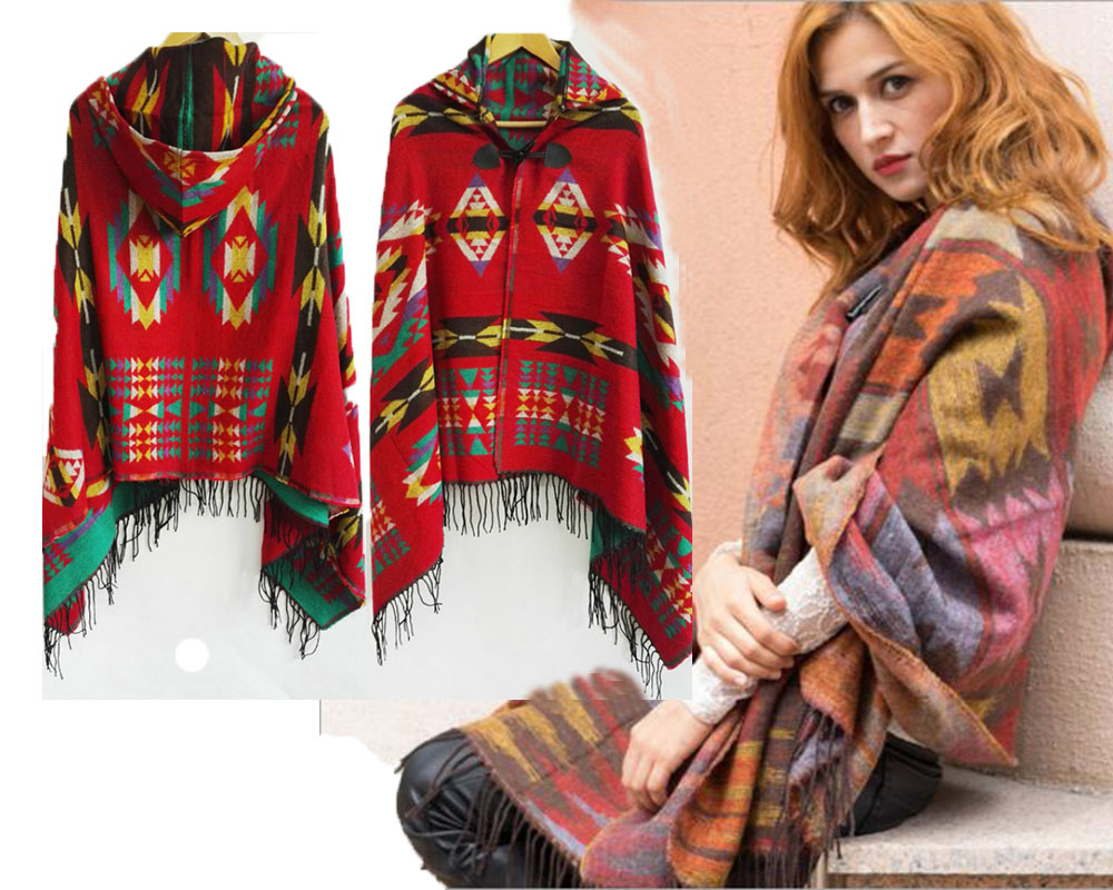Ethnique multifonction bohème châle écharpe Tribal frange sweats à capuche rayé Cardigans couvertures Cape châle Poncho avec gland