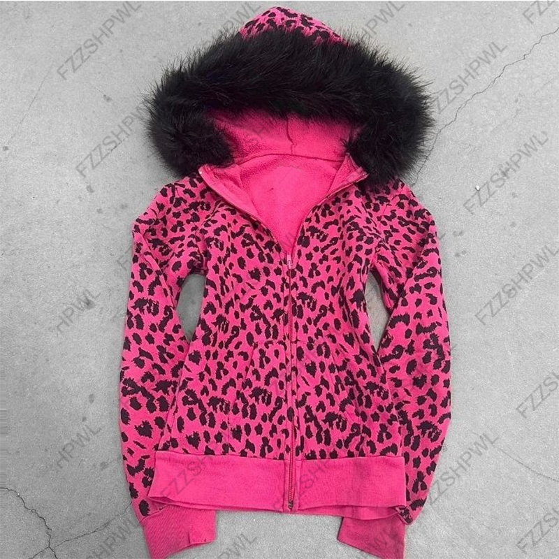 Peluche motif léopard sweat à capuche haute rue beauté urbaine années 90 hauts poubelle Punk américain hip-hop Rock rétro Chic décontracté sweat à capuche pour femme
