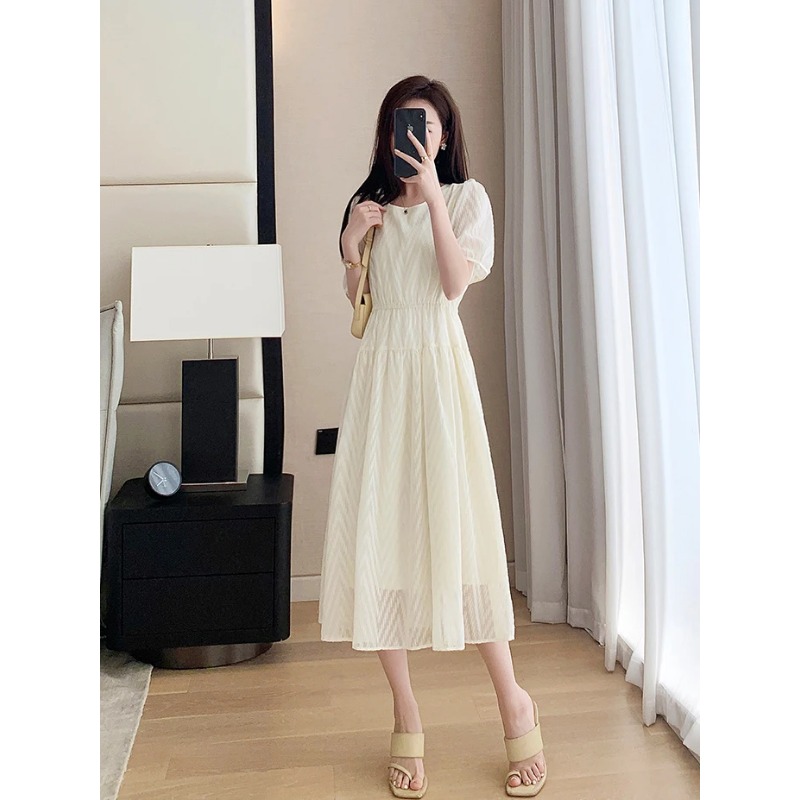 Robe midi en mousseline de soie française pour femme, col rond, coupe ajustée, élégante, décontractée, robe longue à volants