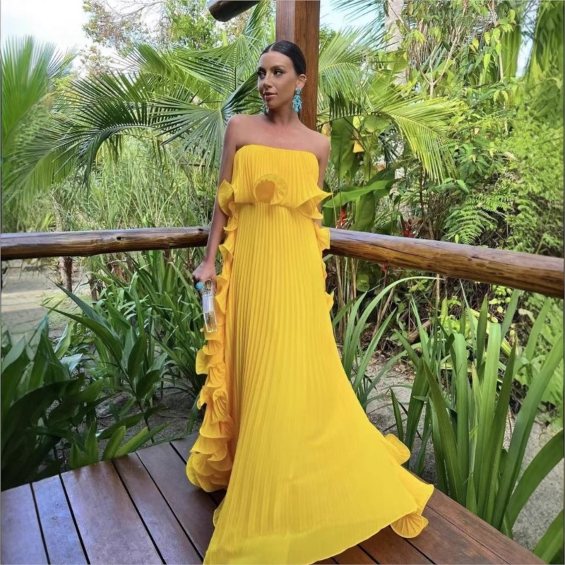 Robe de vacances d'été pour femmes, longue robe formelle en mousseline de soie plissée Orange, sur mesure, à volants, sans bretelles, robe de soirée sur la plage