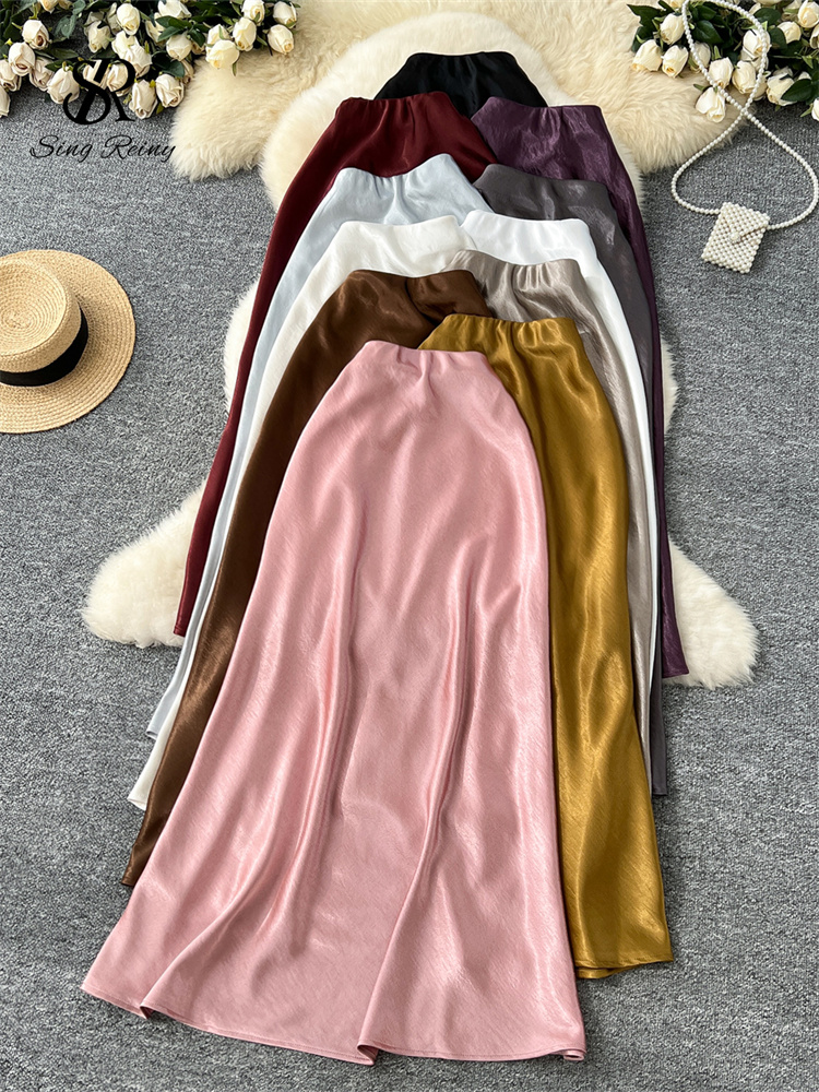 SINGREINY Senior solide Satin jupe taille élastique 2025 plus récent Frence élégant femmes mode bases bureau dame maigre jupe Midi