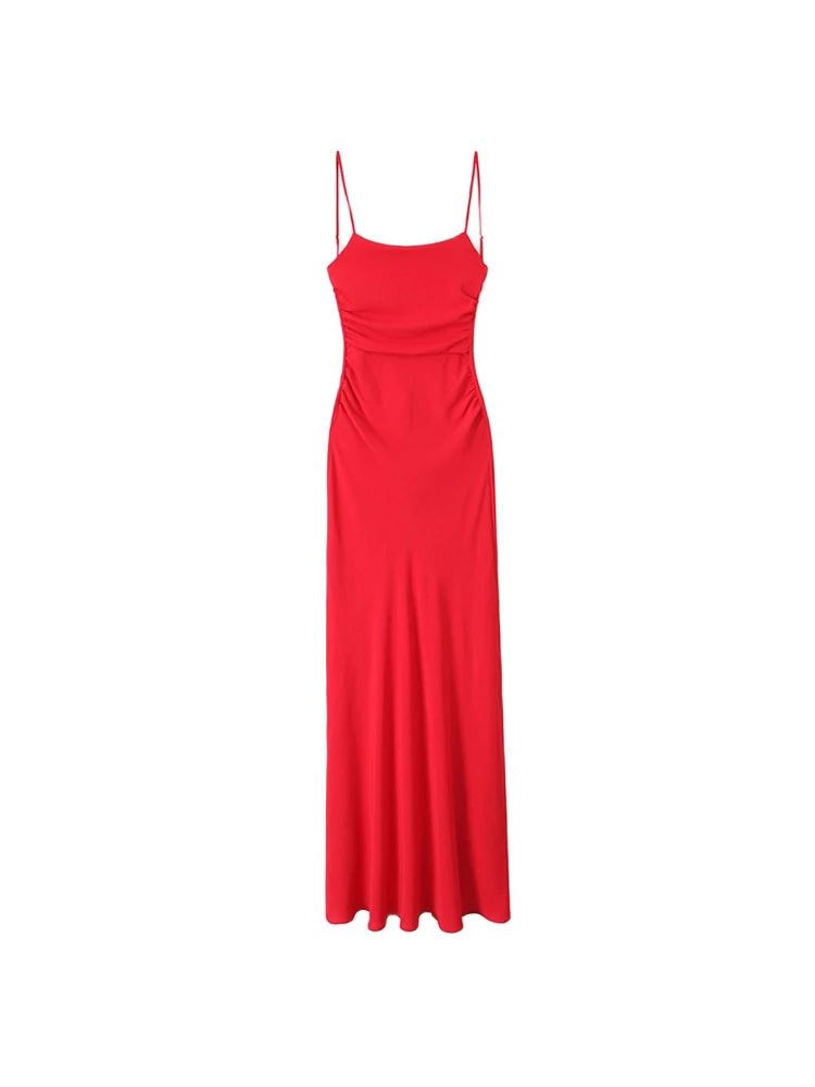 Robe mi-longue drapée pour femmes, col droit, bretelles fines, robes féminines dos nu, mode Chic