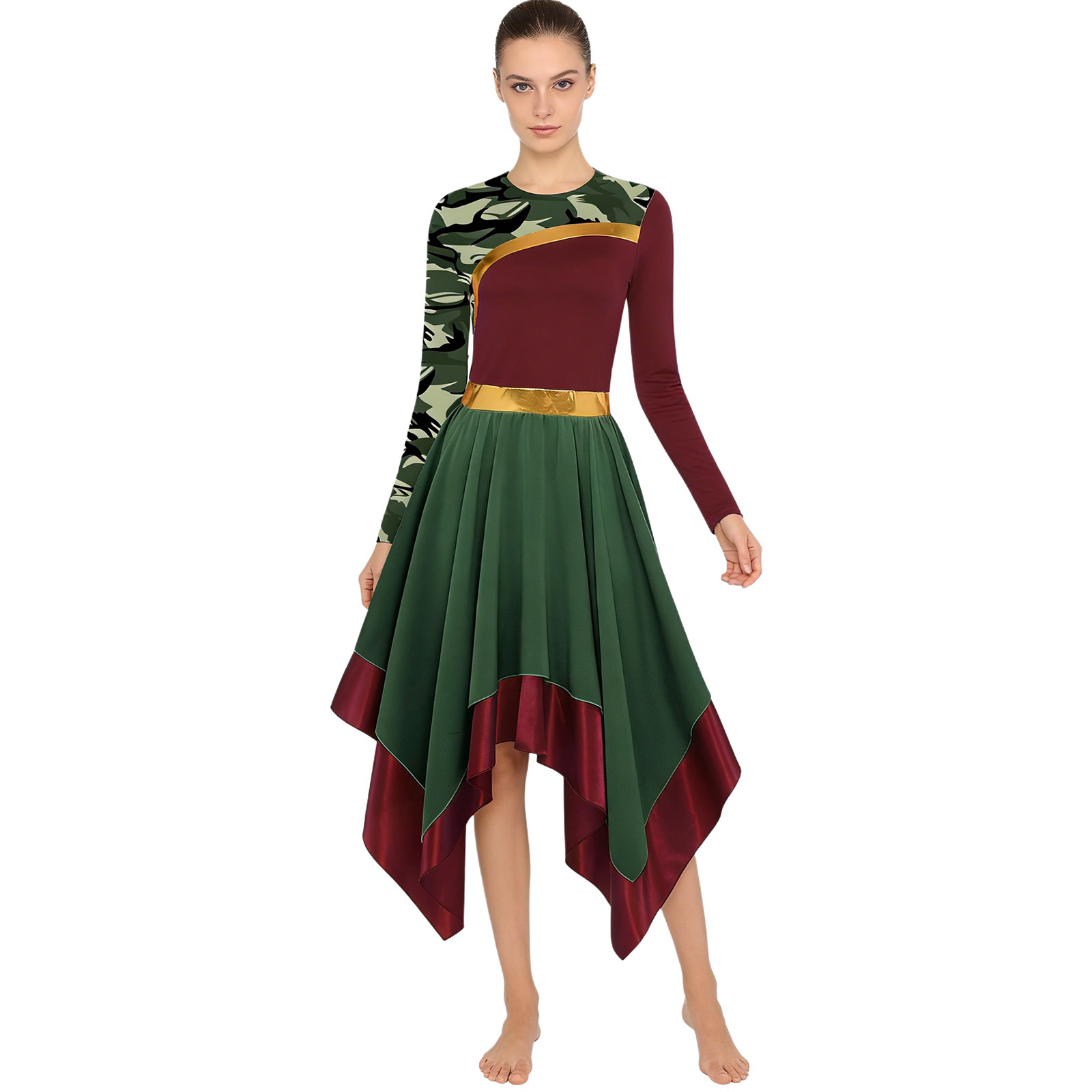 Robe de danse liturgique pour femmes, tunique à fermeture éclair imprimée métallique brillante, tenue de chorale d'église, vêtement de performance pour la louange et la danse