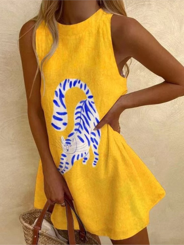 Bohème plage Style robe imprimée femmes été nouveau ample col rond sans manches Mini robes mode décontracté vacances vacances robes