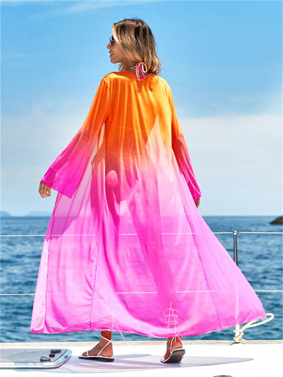 Ensemble bikini 3 pièces sexy style kimono 2026 pour femme, rose dégradé, avec cache-maillot à manches longues, maillot de bain de vacances d'été, string