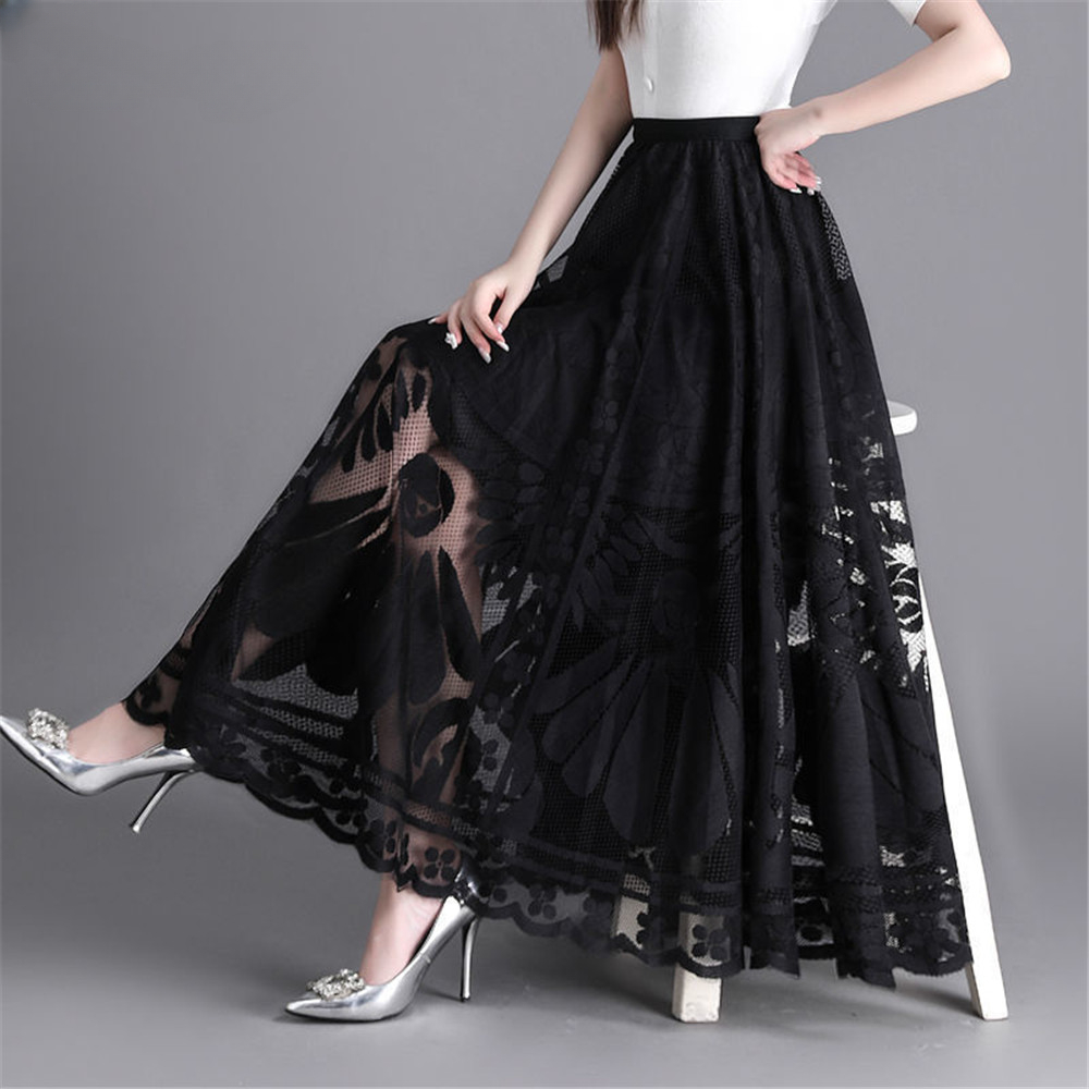 Jupe longue en dentelle taille haute pour femmes, nouvelle jupe noire A-Word, robe de bureau élégante pour dames, grande balançoire, gaze, jupe plissée creuse Streetwear
