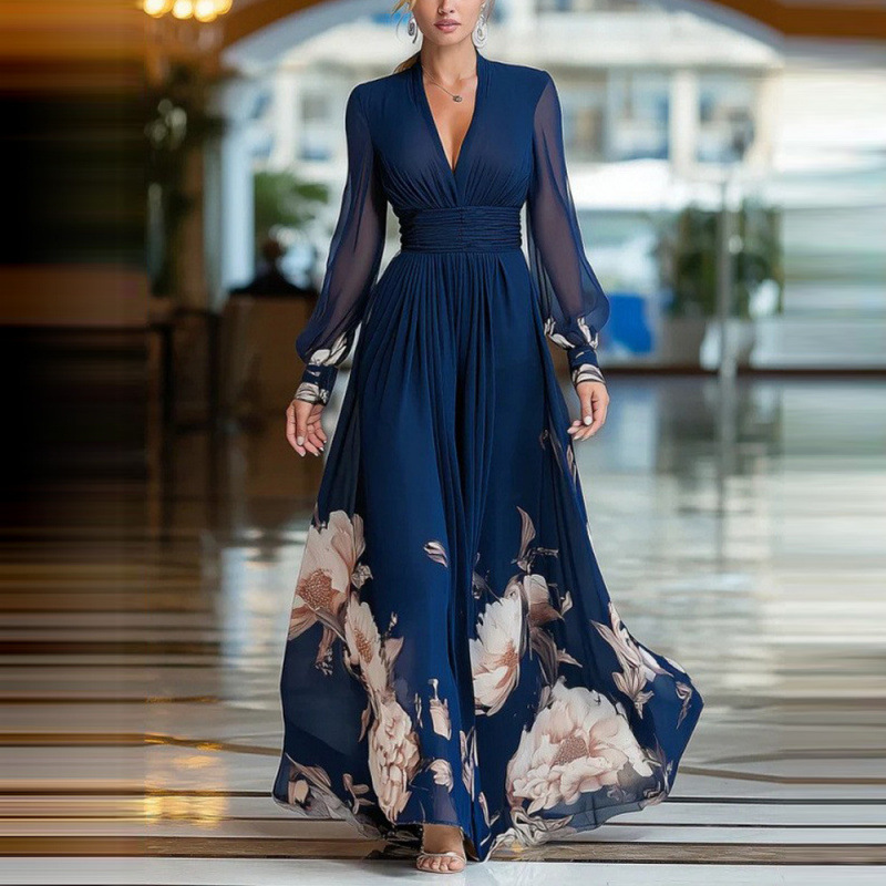 Robe longue décontractée en mousseline à manches lanternes pour femme, imprimé floral élégant, col en V sexy, taille haute, coupe évasée, collection Printemps-Été
