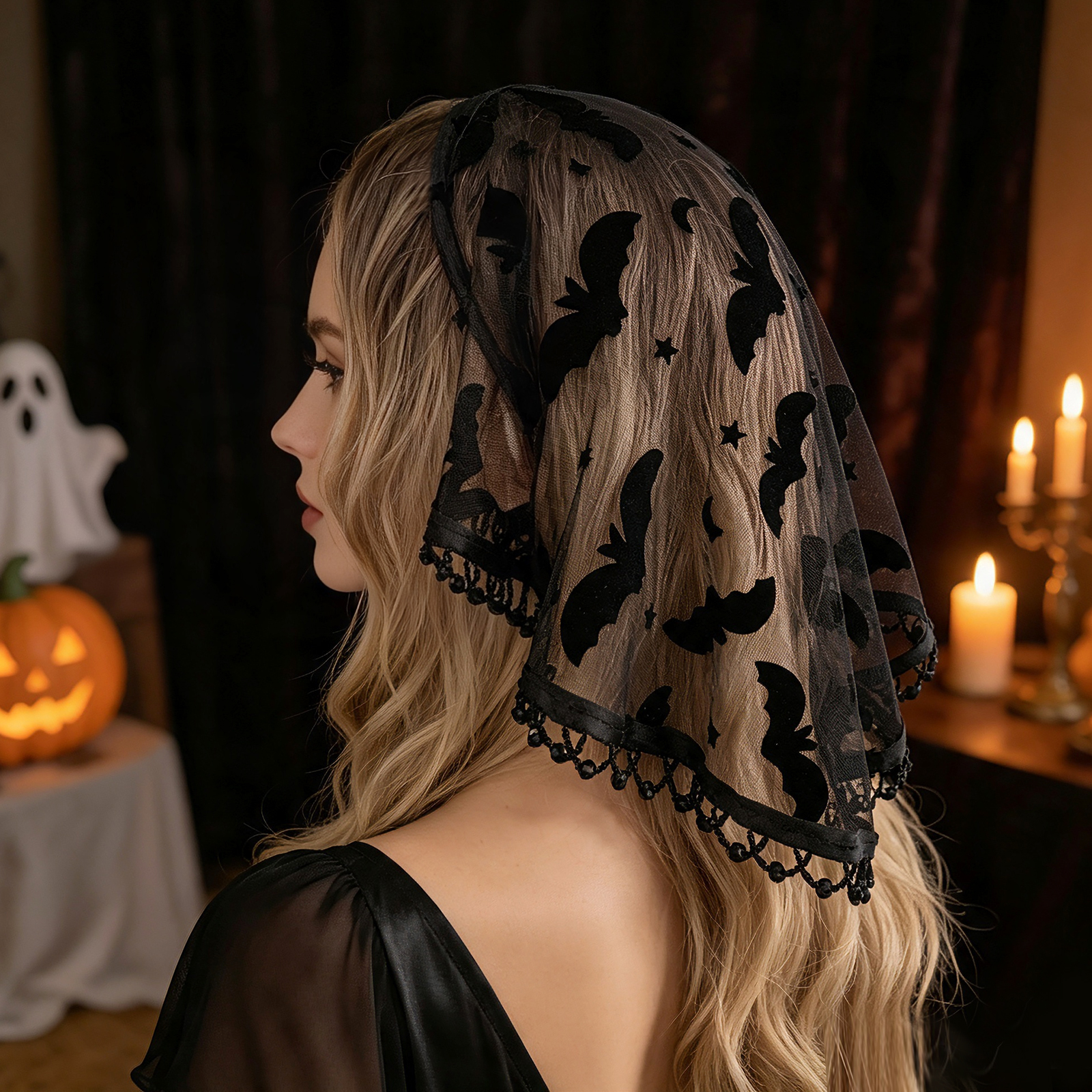 Serre-tête en tulle noir style gothique sombre, voile de mariée, coiffe avec bordure ornée de cristaux, accessoire de cheveux pour costume d'Halloween ou de fête.