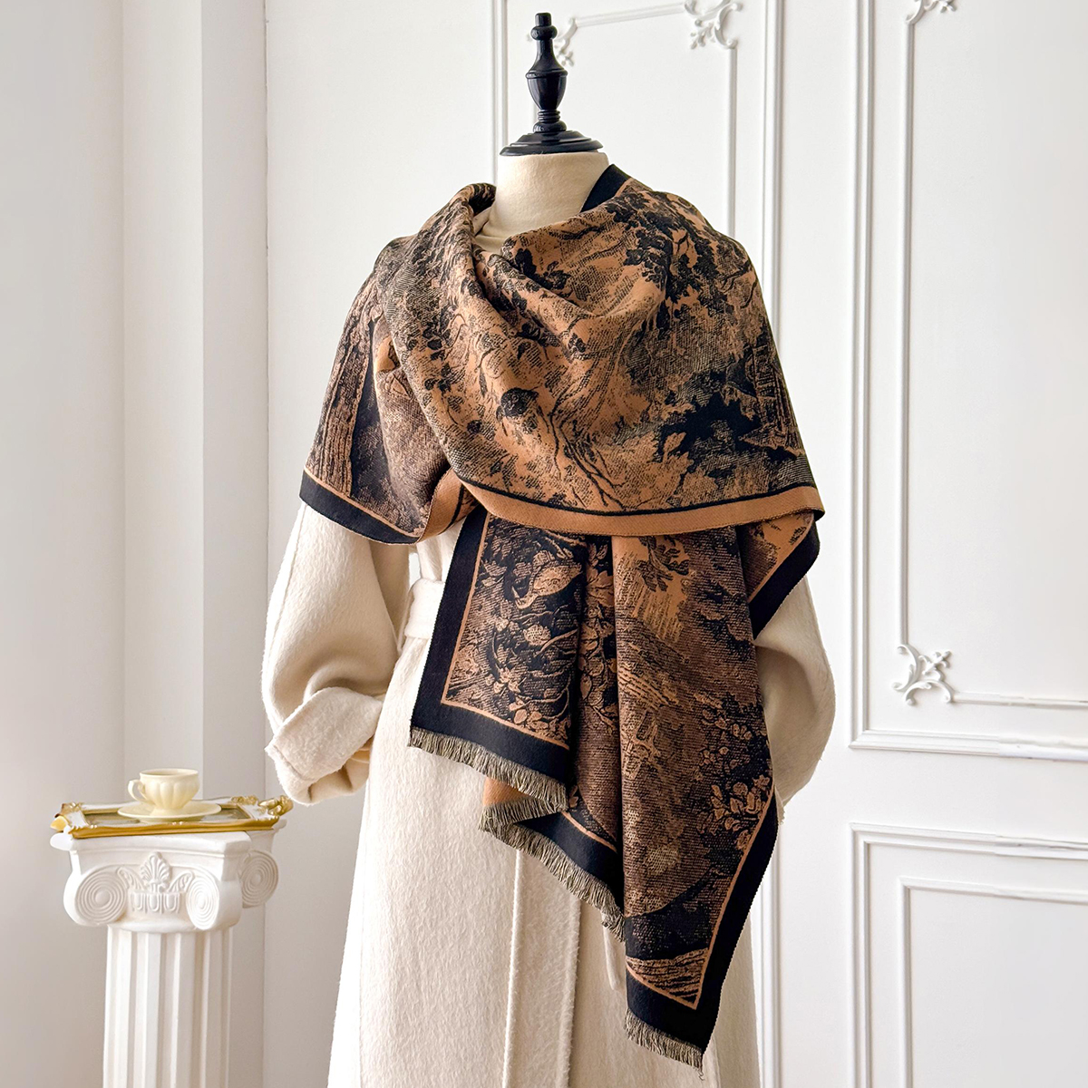 Élégant Style rétro femmes Double face paysage imprimé cachemire écharpe hiver chaud Pashmina châle Foulard Poncho