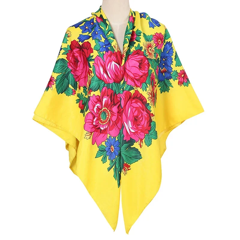 Foulard carré imprimé 140x140cm pour femmes, Style rétro russe, châle à fleurs, mouchoir Babushka, grand Hijab, enveloppe de tête