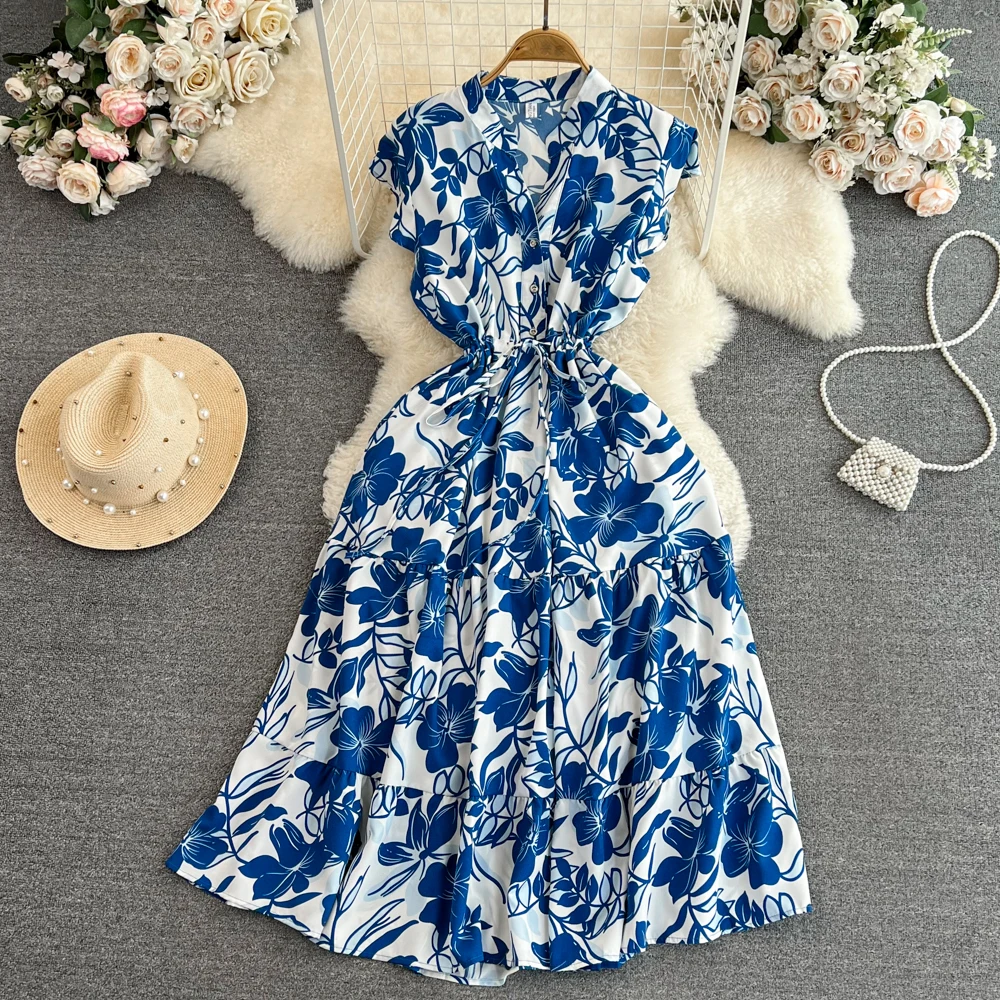 Robe mi-longue à fleurs pour femmes, Vintage, col en v, ourlet à volants, élégante, simple boutonnage, vacances, plage, été, 2026