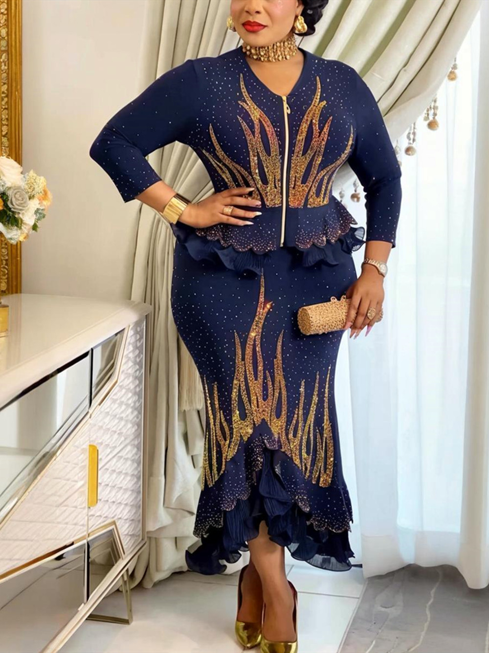 Vêtements africains grande taille pour femmes, robes de soirée de mariage de luxe Dashiki Diamond, ensemble 2 pièces, hauts et jupes.