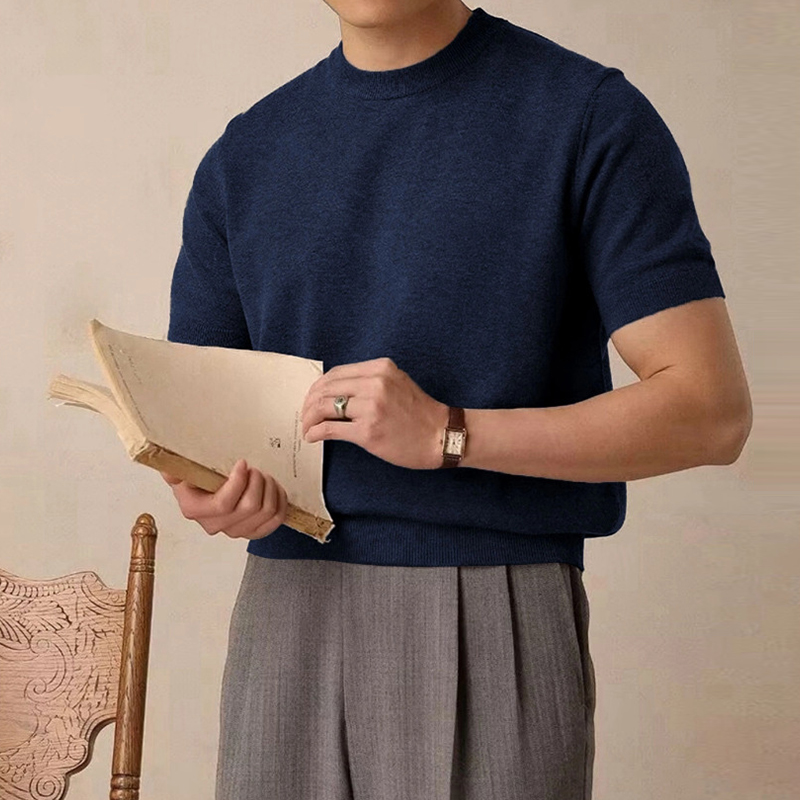 T-shirt manches courtes col rond pour homme, vêtement de luxe léger, tricoté, respirant, décontracté, Slim, couleur unie, Tops basiques, nouvelle mode coréenne