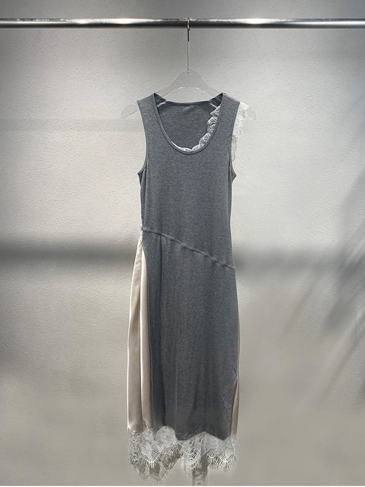 Robe tricotée à col rond pour femmes, sans manches, dentelle patchwork, élégante, mi-longue pour dames