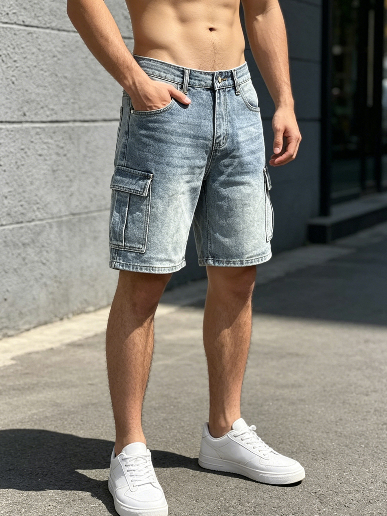 Shorts en jean décontractés pour hommes, coupe droite, délavage clair, style cargo, vêtements de travail