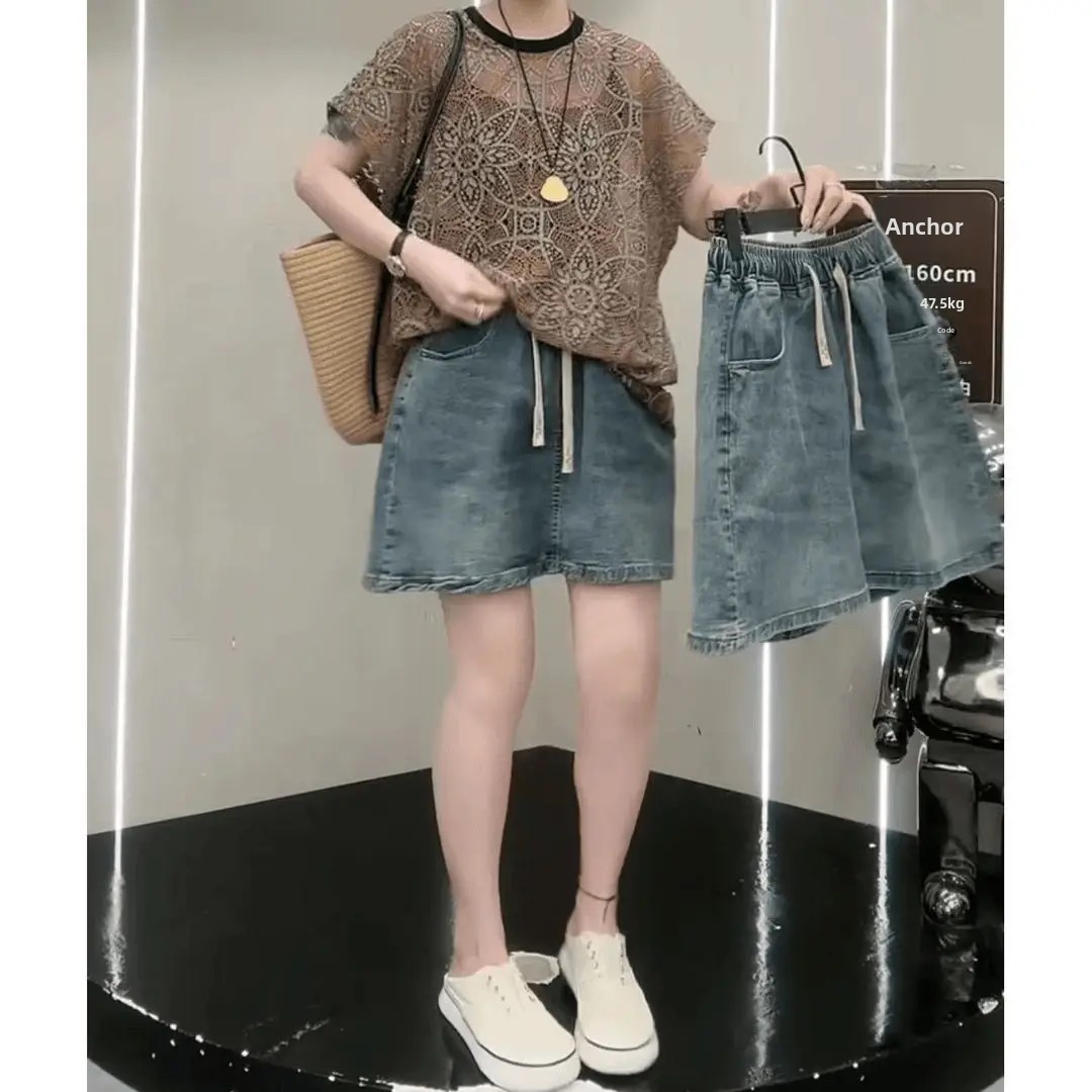 Jupe mini en jean taille haute ample et élastique grande taille, jupe mi-longue tendance au-dessus du genou pour femme ronde, jupe trapèze