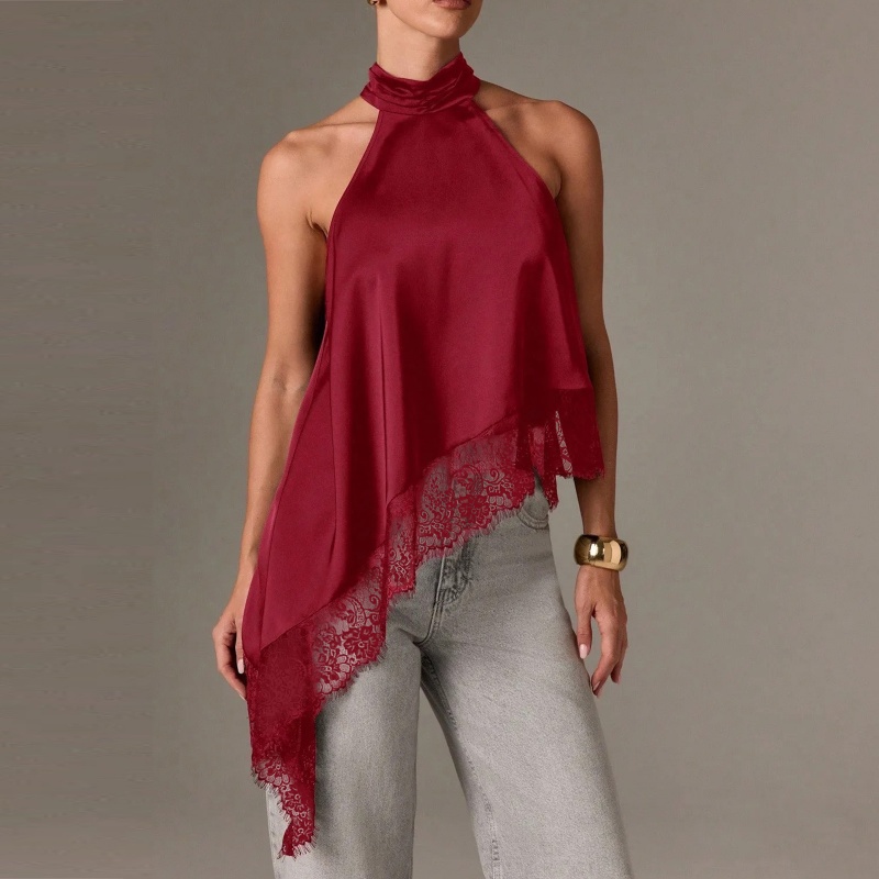 Femmes dentelle florale garniture Satin soie haut bas gilet bouton drapé tour de cou licou cou asymétrique Cami soyeux superposition haut