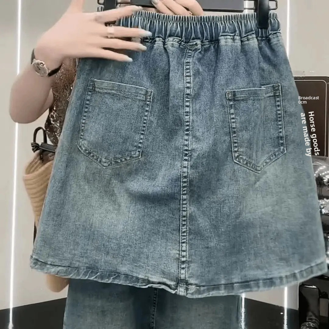 Jupe mini en jean taille haute ample et élastique grande taille, jupe mi-longue tendance au-dessus du genou pour femme ronde, jupe trapèze