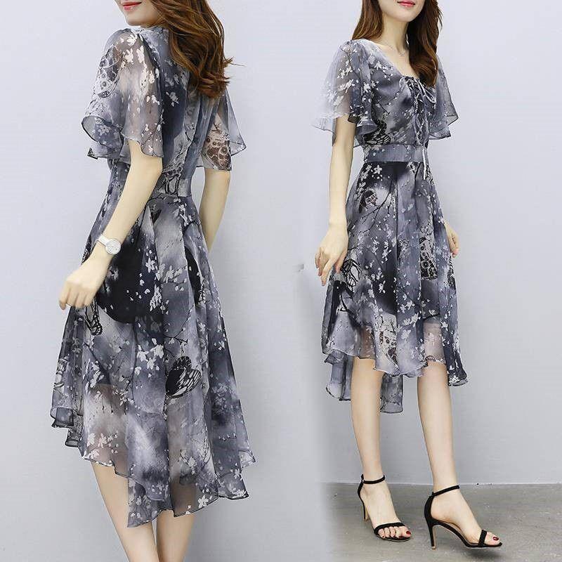 Robe florale en mousseline de soie pour femme, tendances 2026, nouveauté, élégante, col en V, manches courtes, style coréen, robe d'été, vêtements féminins
