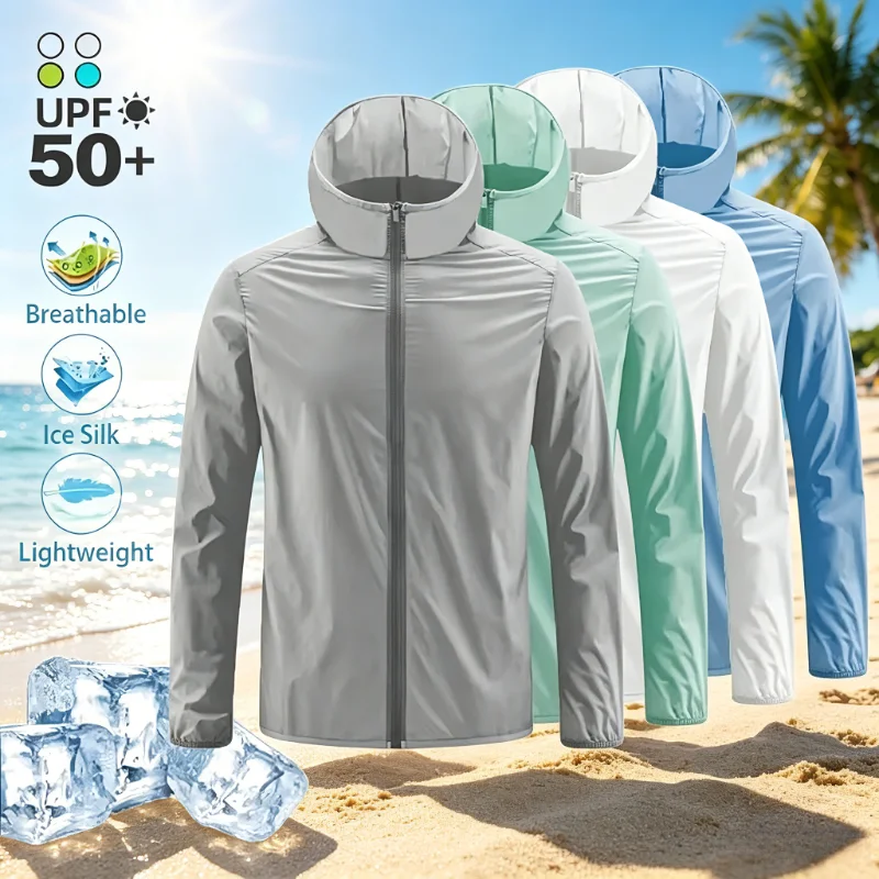 Vêtements de protection solaire pour hommes, veste légère et respirante en soie glacée à capuche, à séchage rapide, manteau anti-ultraviolet pour l'extérieur, été