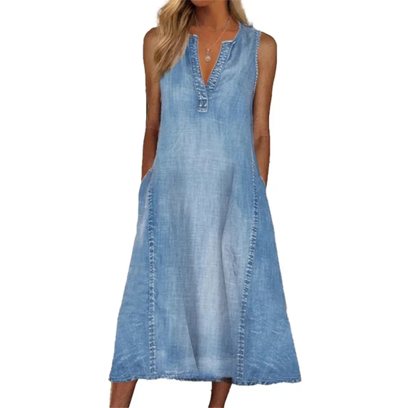 Robe pull à col en V profond pour femmes, double poche latérale, robe en fibre de denim mince, décontracté, bureau féminin, été, 2024