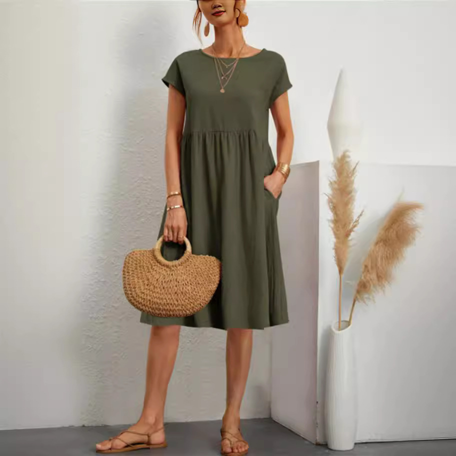 Robe en coton et lin pour femmes, tenue d'été décontractée avec poches d'épissure, vêtements féminins à la mode, manches courtes, ample, mi-longue