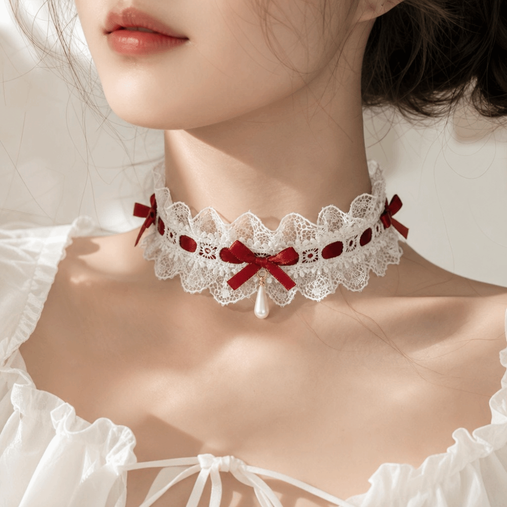 Collier en dentelle Lolita avec nœud en tissu, ruban en satin et pendentif goutte d'eau, accessoires de costume