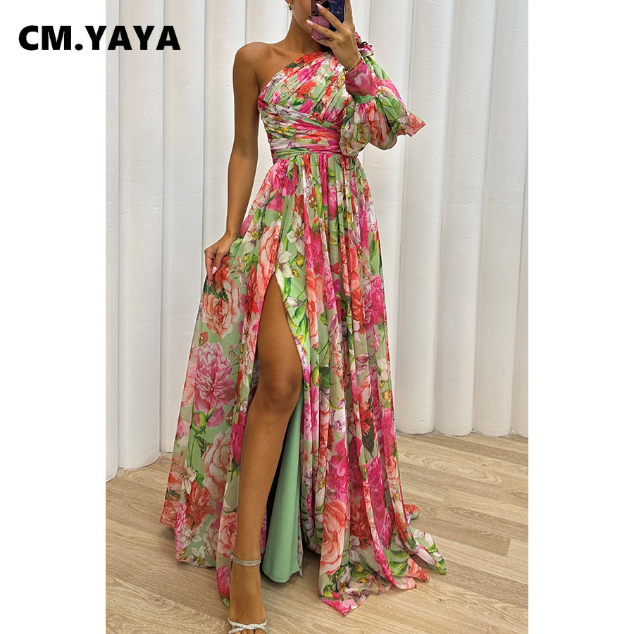 CM.YAYA femmes imprimé fleuri une manches longues haute fente a-ligne en mousseline de soie Maxi longue robe 2025 vacances anniversaire plage Boho robes