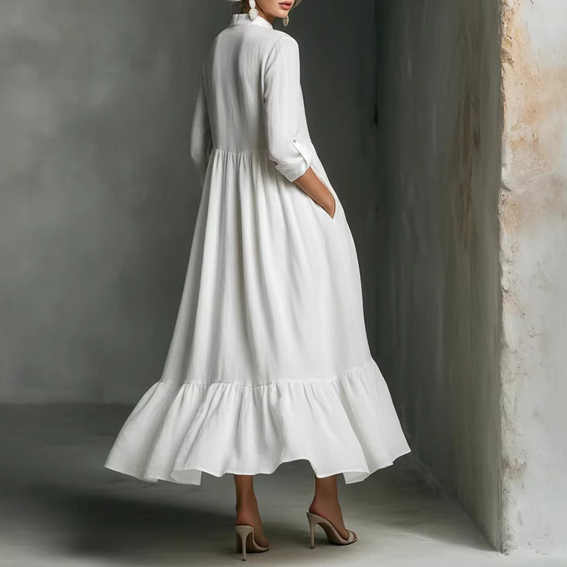 Robes décontractées pour femmes Printemps 2026 – Élégante robe longue trapèze à col en V et taille haute, style rétro uni, manches 3/4, ourlet à volants, robe maxi bohème