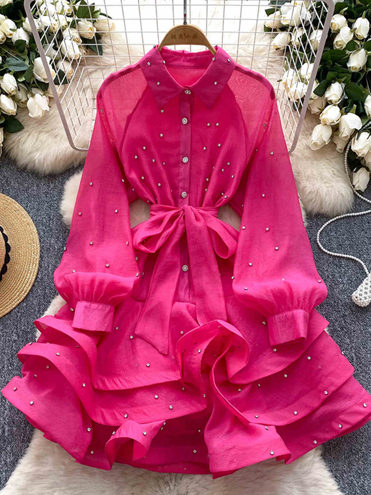 Robe française à volants cloutée en diamant pour femmes, avec bretelles, manches longues, cintrée, robe de soirée moelleuse, printemps-automne, C200