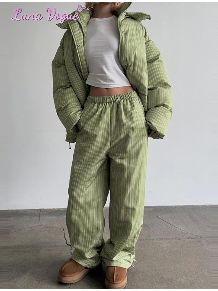 Ensemble deux pièces mode en coton rayé pour femme : Manteau à capuche zippé et pantalon large – Tenue quotidienne automne-hiver 2026