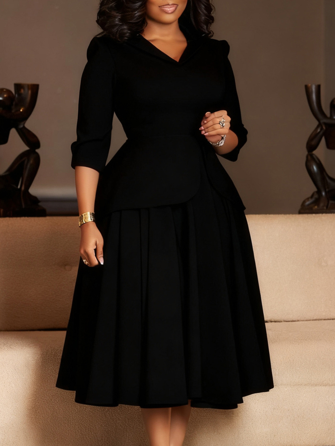 Robe grande taille pour femmes, mode automne printemps, manches trois-quarts, col de costume, couleur unie, avec grande jupe ourlet