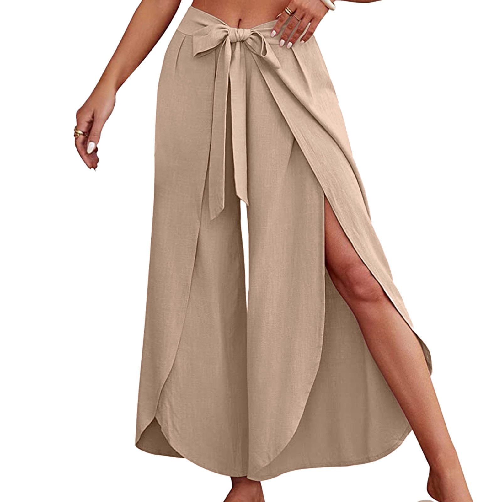 Boho femmes taille haute Palazzo pantalon été plage pantalon solide fluide pantalon fendu à lacets jambe large pantalon pantalons De Mujer