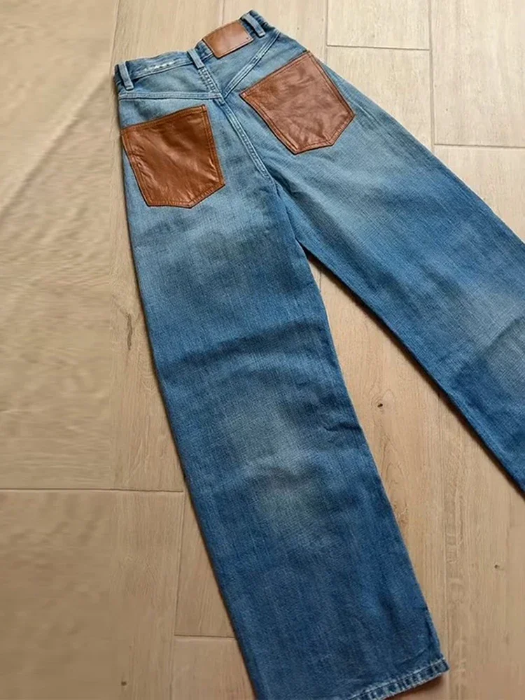 Jean pour femme taille haute, coupe large, avec poches contrastantes en cuir marron, style décontracté, en denim, collection printemps