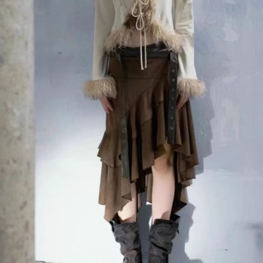 Jupe longue mi-longue marron pour femmes, Y2K Harajuku, mode de rue, Vintage, rétro, élégante, vêtements pour femmes, 2025