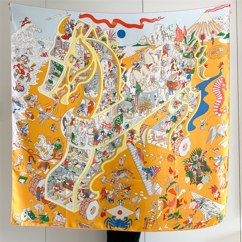 Foulard en soie 135 cm, châle à bords roulés à la main, bandanas, grands châles, accessoires été-printemps, cadeau, imprimé cheval
