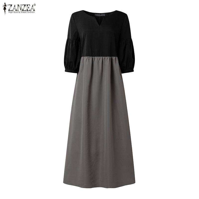 ZANZEA – robe longue de style coréen pour femmes, couleur contrastée, col en v, manches lanternes, robe longue élégante, taille haute, ligne A