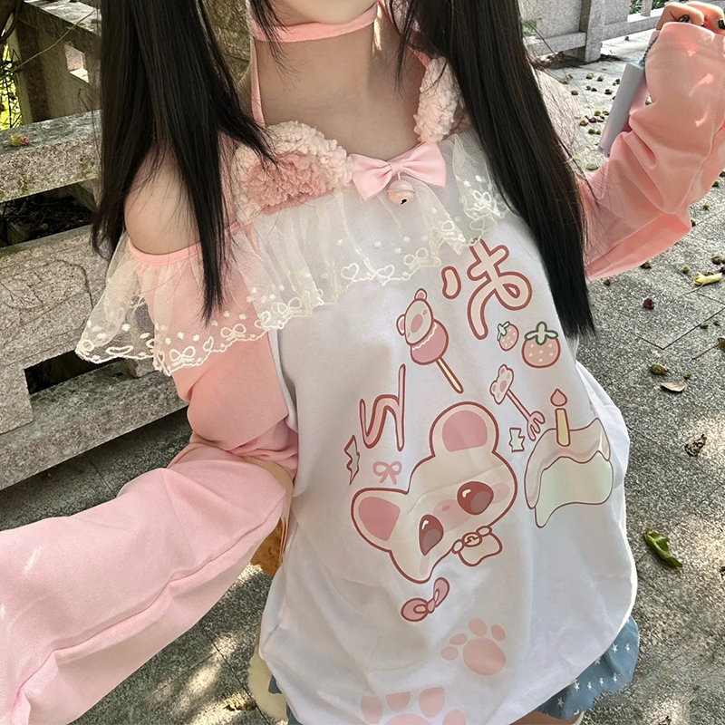 T-shirt à manches longues Anime imprimé arc-en-ciel pour femmes, vêtements Kawaii, conception de fouet Halter, sous-culture rose, mode automne, nouveau