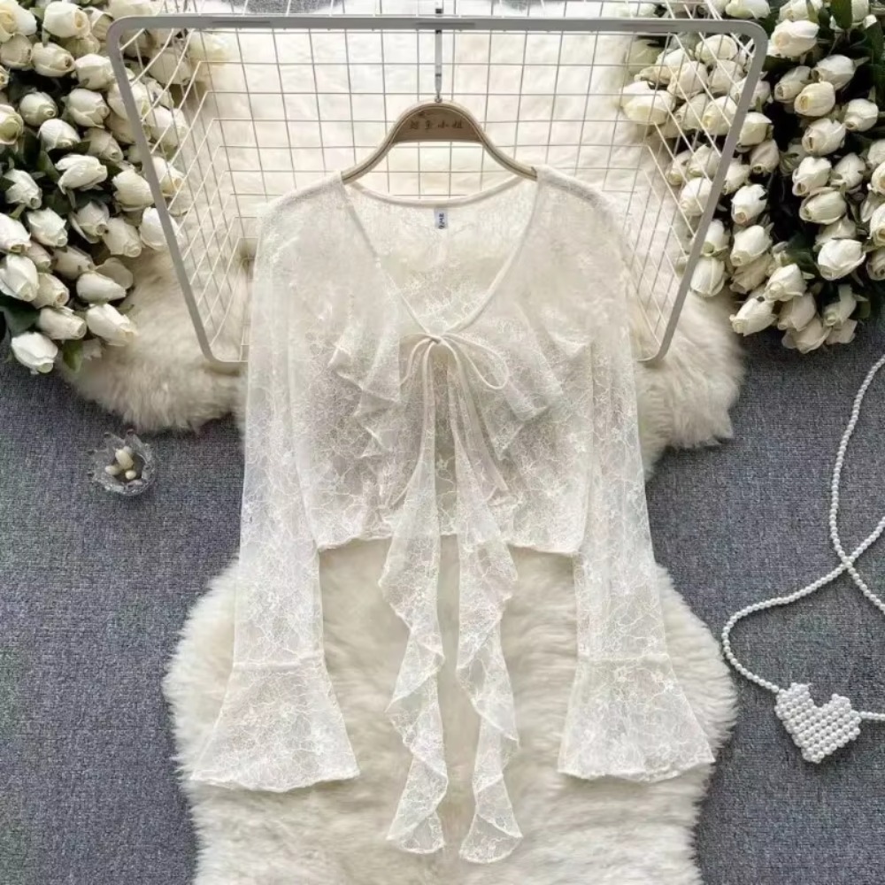 Cardigan court en dentelle pour femme, à nouer sur le devant, avec manches évasées, chemisier léger, veste châle, vêtement d'extérieur, chemisier de couverture.