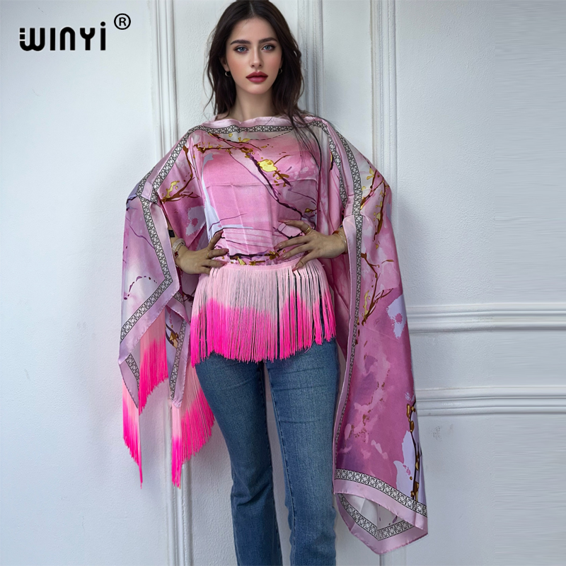 WINYI Beach Nouvelle Robe à Pompons, Robe Longue Maxi Africaine, Couvre-Bikini Imprimé Bohème d'Été, Kaftan Élégant et Tendance, Robe Sexy pour Fête et Vacances